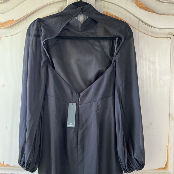 NWT Lulus | Graceful Entrance Black Chiffon High-Slit Long Sleeve Maxi Dress Med - Picture 6 of 11